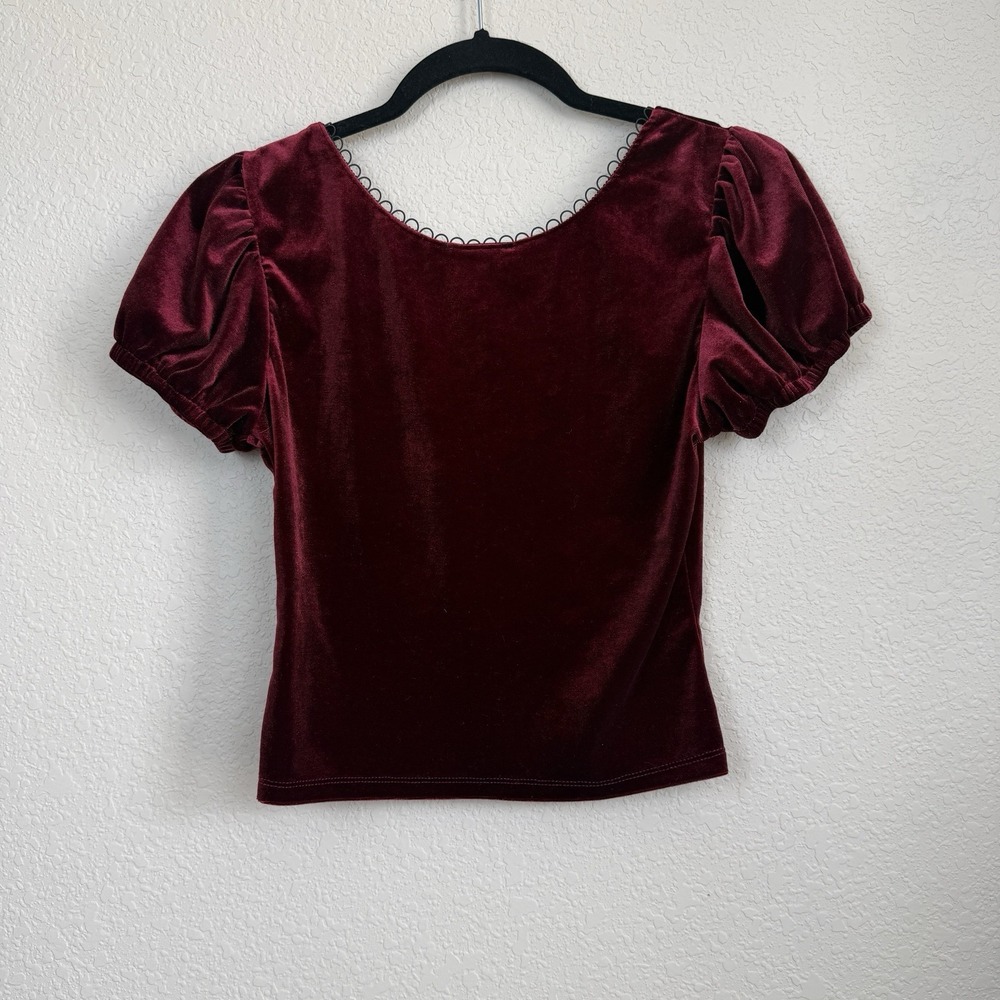 Cosmic Aura Red Velvet Puff Sleeve Crop Top Goth Ren Fair Cross Dark Romantic SM - Picture 4 of 6